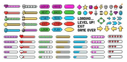 Pixel game menu resources, progress bar, level and buttons in 90s style. Pixel art style illustration. vector