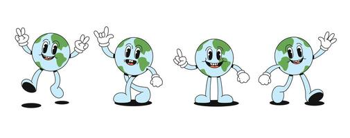 Set of funny earths in retro style. Groovy characters with faces, arms and legs. illustration. vector