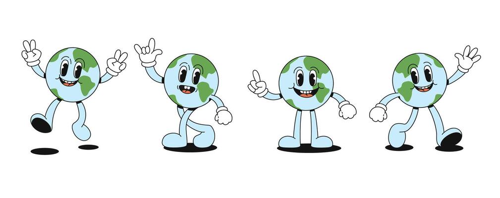 Set of funny earths in retro style. Groovy characters with faces, arms and legs. illustration.
