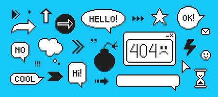 Set of pixel art elements in 90s style. Message boxes and popup user interface elements. Black and white illustration. vector