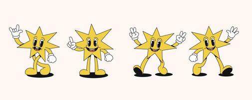 Set of funny stars in retro style. Groovy characters with faces, arms and legs. illustration. vector