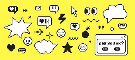 Set of pixel art elements in 90s style. Message boxes and popup user interface elements. illustration. vector