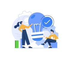 Team brainstorming,Men and women with light bulb. Insight and brainstorming, idea. Collaboration and cooperation, partnership vector