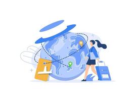 World travel concept,Happy cartoon male holding trolley bag and running to airport vector