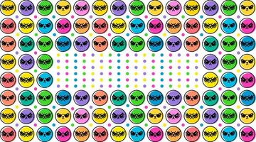 Colorful angry face emoticons pattern with dots, playful design, digital background, arranged in symmetrical and repetitive design, cute illustration. vector