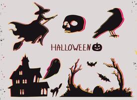 Halloween set. Silhouettes of classic scary characters and decorations. Neon outline. Flat objects. vector