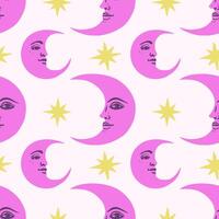 Bright fuchsia color crescent moon and yellow stars on a light background. Seamless moon pattern. vector