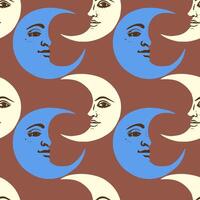 Crescent moons with face seamless pattern. Retro background with moon. vector