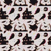 seamless pattern witch, scary house, bats and other decorations on a gray textured background. Festive autumn background. vector