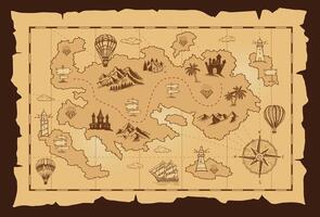 Old treasure map sketch. Hand drawn illustrations, . vector
