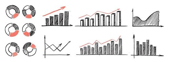 Graphs and Charts icons, Set hand drawn. vector