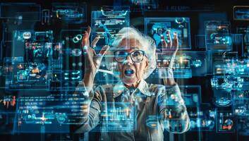 Excited Senior Woman Manager Using Digital Technology with Holograms.Generated image photo