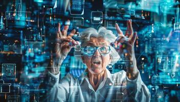 Excited Senior Woman Manager Using Digital Technology with Holograms.Generated image photo