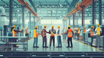 Workers in Protective Gear Shaking Hands in Manufacturing Setting.Generated image photo