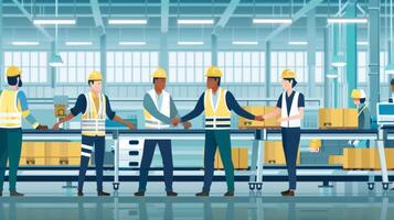 Workers in Protective Gear Shaking Hands in Manufacturing Setting.Generated image photo