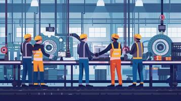 Workers in Protective Gear Shaking Hands in Manufacturing Setting.Generated image photo