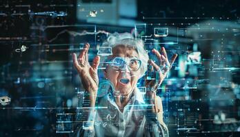 Excited Senior Woman Manager Using Digital Technology with Holograms.Generated image photo