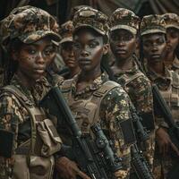 Group of African female soldiers in military uniforms with weapons in the outdoors.Generated image photo