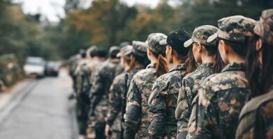 Group of female soldiers standing in formation, awaiting orders.Generated images photo