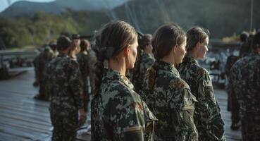 Group of female soldiers standing in formation, awaiting orders.Generated images photo