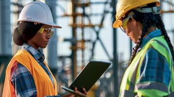 Engineers using a laptop to monitor construction site progress.Generated image photo