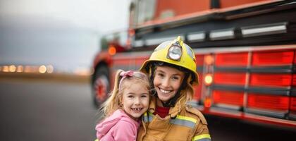 Smiling young girl sitting on the lap of a female firefighter in uniform, with a fire truck in the background.Generated image photo