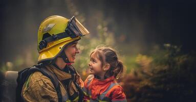 Smiling young girl sitting on the lap of a female firefighter in uniform, with a fire truck in the background.Generated image photo