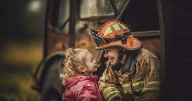 Smiling young girl sitting on the lap of a female firefighter in uniform, with a fire truck in the background.Generated image photo