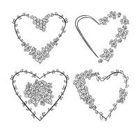 Set of linear heart frame made of flowers. Sketch outline illustration vector