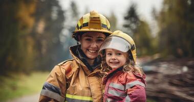 Smiling young girl sitting on the lap of a female firefighter in uniform, with a fire truck in the background.Generated image photo