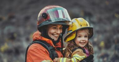 Smiling young girl sitting on the lap of a female firefighter in uniform, with a fire truck in the background.Generated image photo