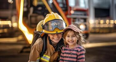 Smiling young girl sitting on the lap of a female firefighter in uniform, with a fire truck in the background.Generated image photo