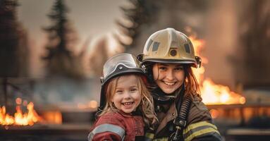 Smiling young girl sitting on the lap of a female firefighter in uniform, with a fire truck in the background.Generated image photo