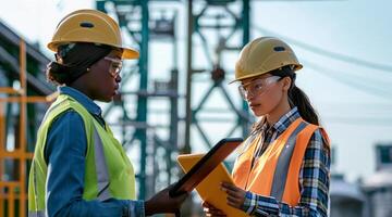 Engineers using a laptop to monitor construction site progress.Generated image photo