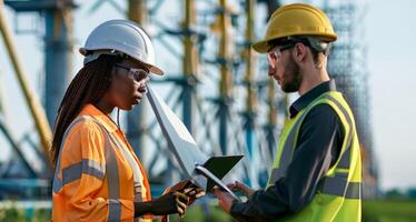 Engineers using a laptop to monitor construction site progress.Generated image photo