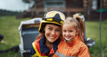 Smiling young girl sitting on the lap of a female firefighter in uniform, with a fire truck in the background.Generated image photo