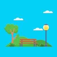 Flat illustration view in city park with park lights and trees vector