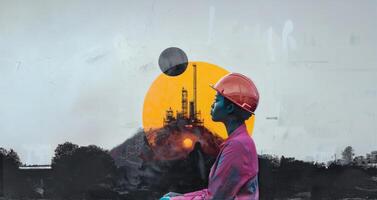 Female engineer in a helmet overseeing a construction site with nature illustrations in the background.Generated image photo