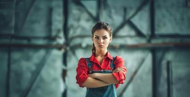 Confident and strong woman posing in a work uniform in a workshop.Generated image photo