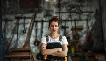 Confident and strong woman posing in a work uniform in a workshop.Generated image photo