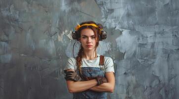 Confident and strong woman posing in a work uniform in a workshop.Generated image photo