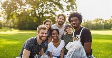 Group of volunteers collecting trash and recycling in a park.Generated image photo