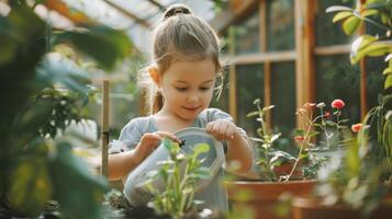 Cute Little Girl Watering and Caring for Plants in the Garden.Generated image photo