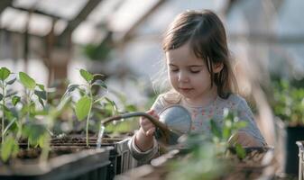 Cute Little Girl Watering and Caring for Plants in the Garden.Generated image photo