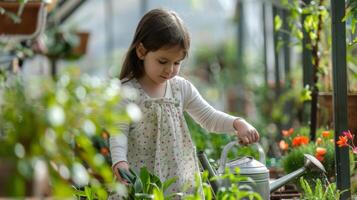 Cute Little Girl Watering and Caring for Plants in the Garden.Generated image photo