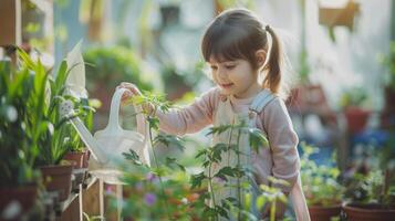 Cute Little Girl Watering and Caring for Plants in the Garden.Generated image photo