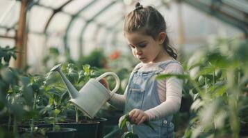 Cute Little Girl Watering and Caring for Plants in the Garden.Generated image photo