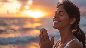 A young woman enjoying the serene beauty of a sunset in nature.Generated image photo