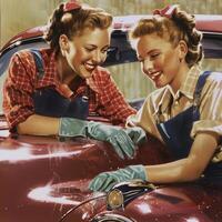 Smiling Female Mechanic Polishing a Car in the Workshop.Generated image photo