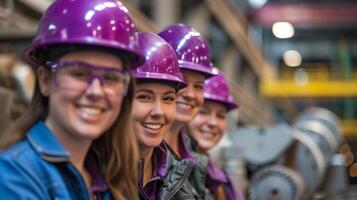 A team of smiling female workers in purple safety helmets and gear pose together confidently.Generated image photo